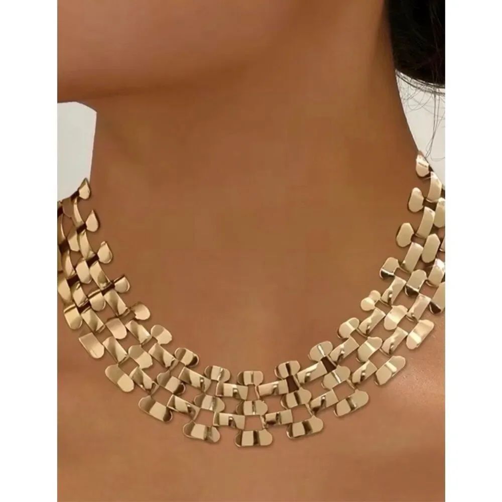 Zara Gold Tone Statement Choker Necklace Geometric Link Collar Chunky NWOT